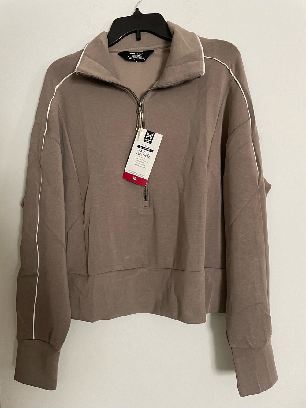 Women’s Grey Bisque Half-Zip Pullover Sandwash Sweatshirt with White Piping Soft